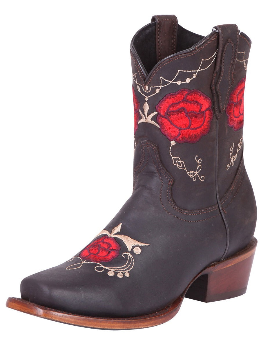 Botas Vaqueras Rodeo con Tubo Bordado de Flores de Piel Genuina para Mujer 'El General' - ID: 41832 Botas Rodeo Piel Genuina El General Choco