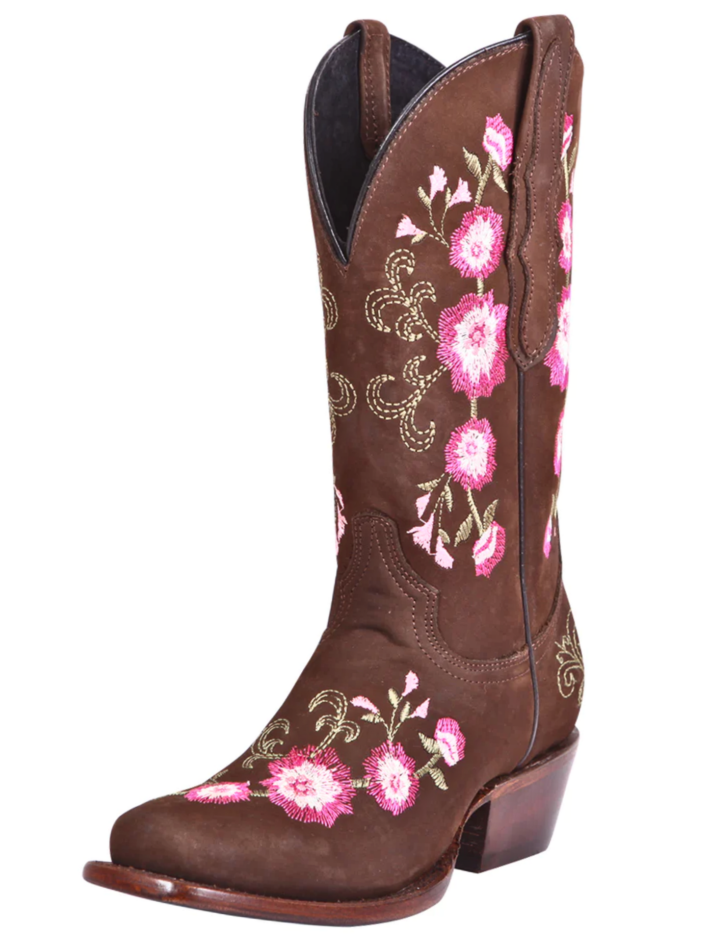 Botas Vaqueras Rodeo con Tubo Bordado de Flores de Piel Nobuck para Mujer 'El General' - ID: 41842 Botas Rodeo Piel Nobuck El General 