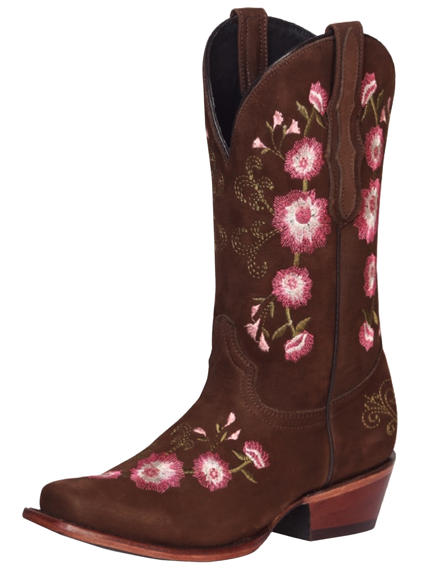 Botas Vaqueras Rodeo con Tubo Bordado de Flores de Piel Nobuck para Mujer 'El General' - ID: 41842 Botas Rodeo Piel Nobuck El General Camel