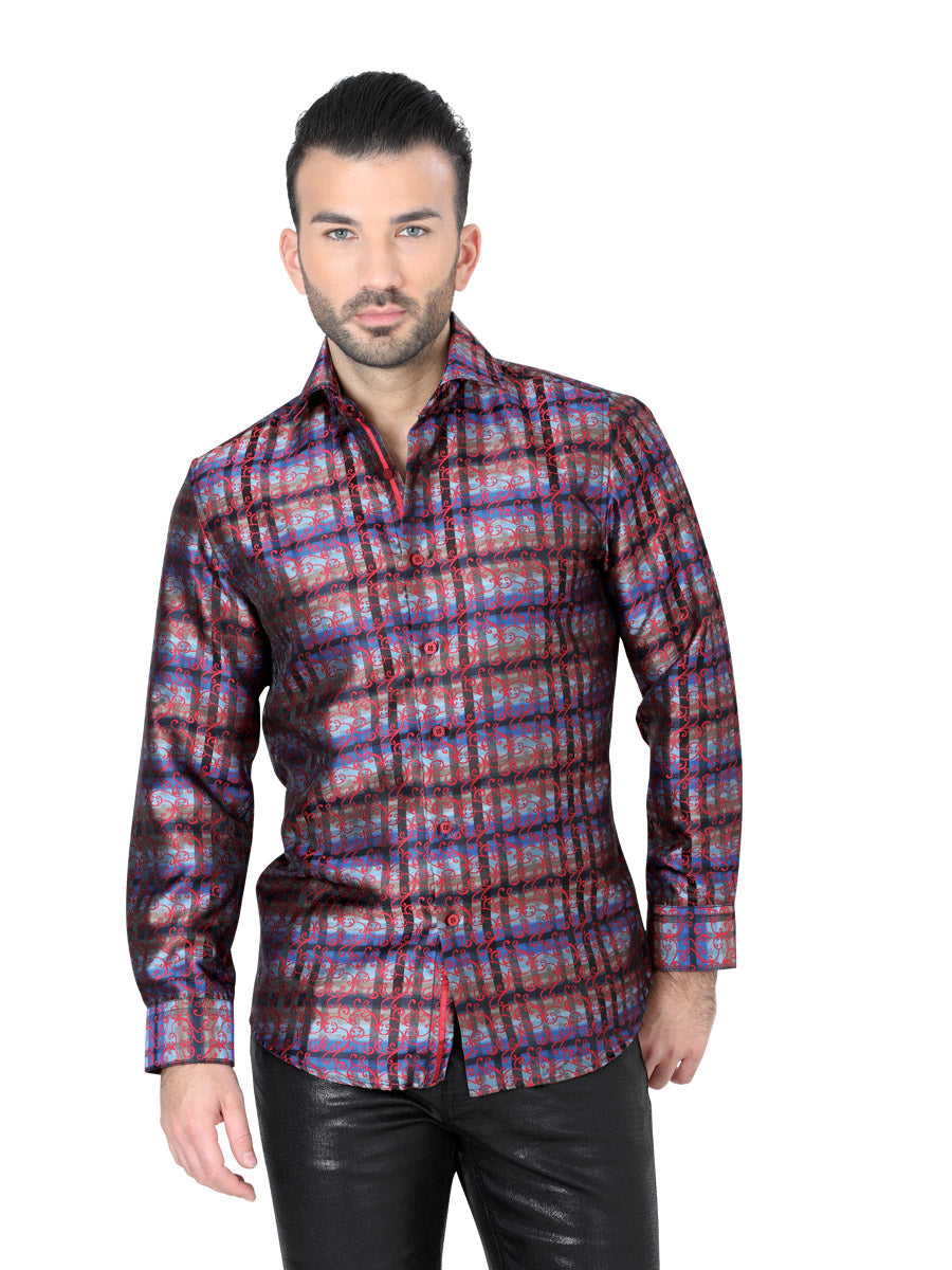 Camisa Casual Manga Larga Estampada Rojo para Hombre 'Centenario' - ID: 41862 Camisas Estampadas Centenario Red