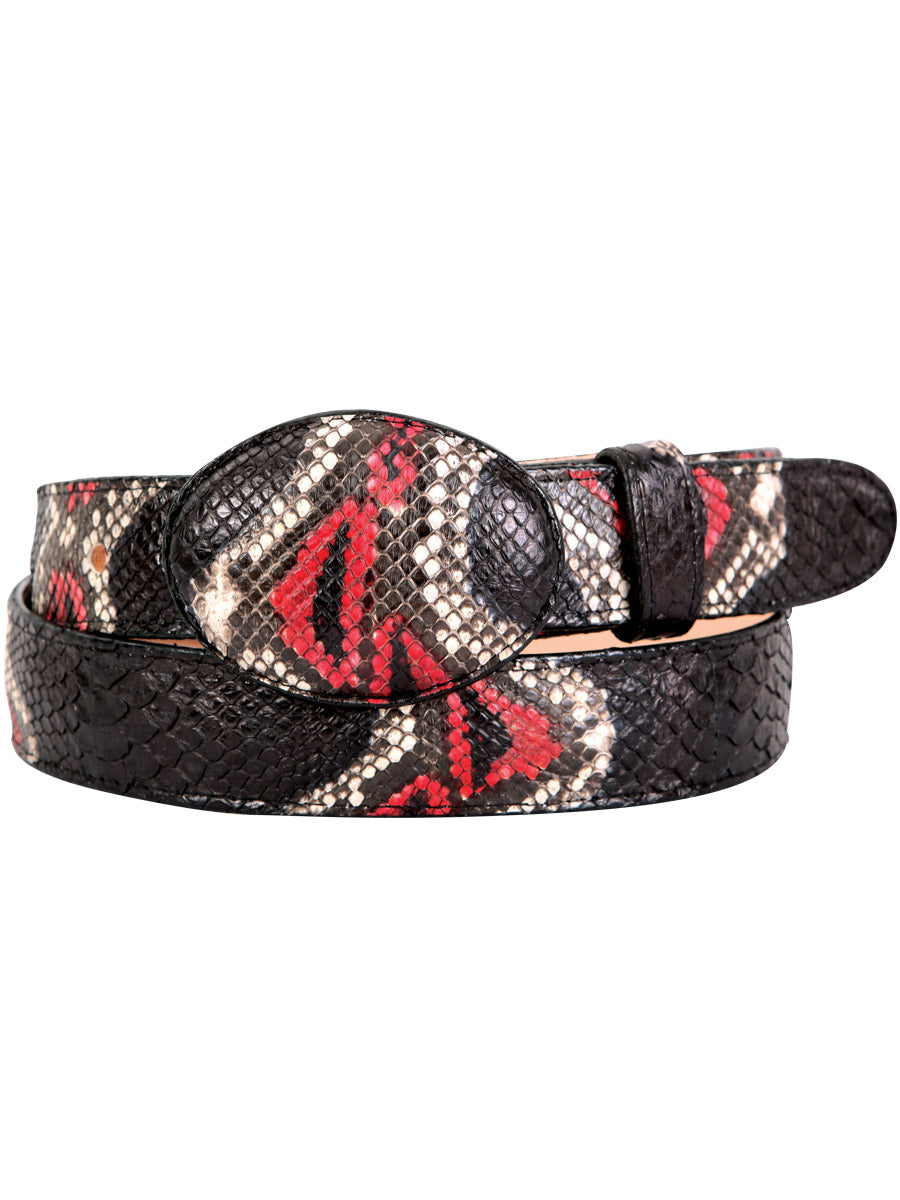 Cinto Vaquero Exotico de Python Original para Hombre con Hebilla Ovalada, 1 1/2" Ancho 'El General' - ID: 41891 Cintos Exóticos El General Negro/Rojo