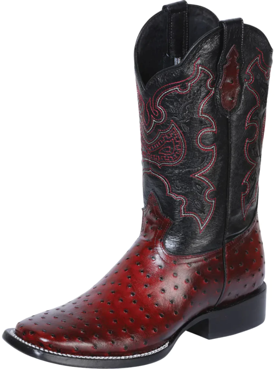 Botas Vaqueras Rodeo Imitacion de Avestruz Grabado en Piel Vacuno para Hombre 'El General' - ID: 41901 Botas Avestruz Print El General Cherry