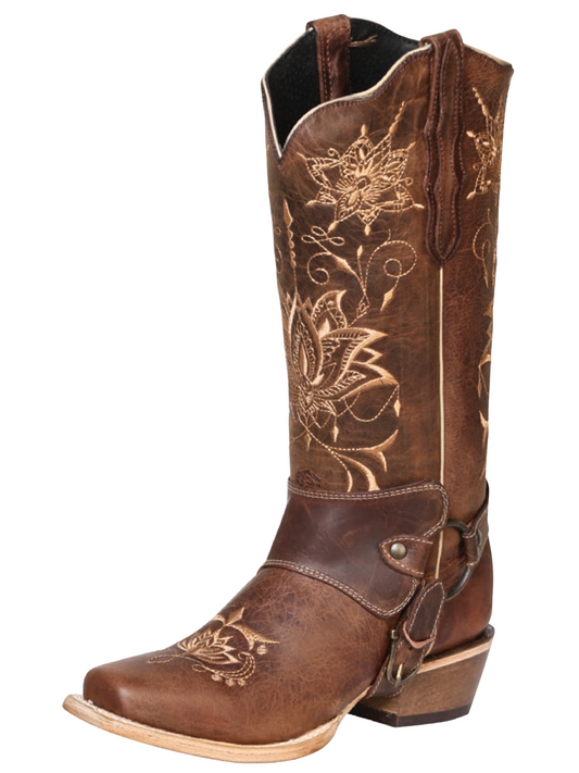 Botas Vaqueras Rodeo de Arnes con Tubo Bordado de Piel Genuina para Mujer 'El General' - ID: 41907 Botas Rodeo Piel Genuina El General Shedron