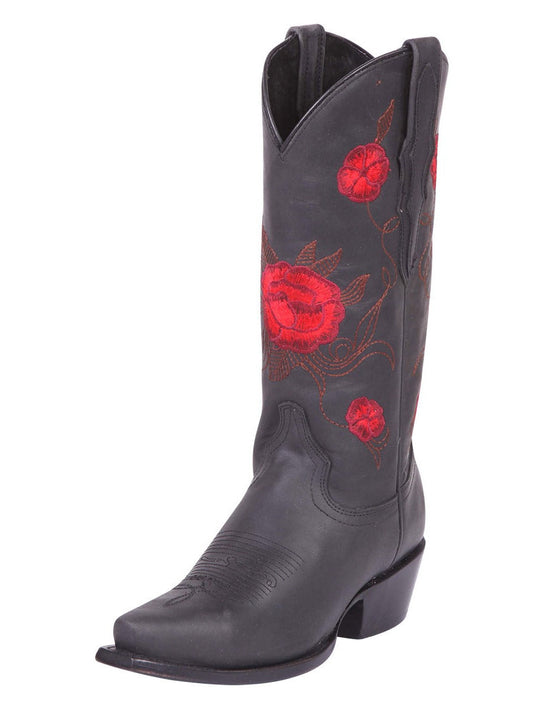 Botas Vaqueras Retro con Tubo Bordado de Flores de Piel Genuina para Mujer 'El General' - ID: 41908 Botas Clasicas Piel Genuina El General Negro