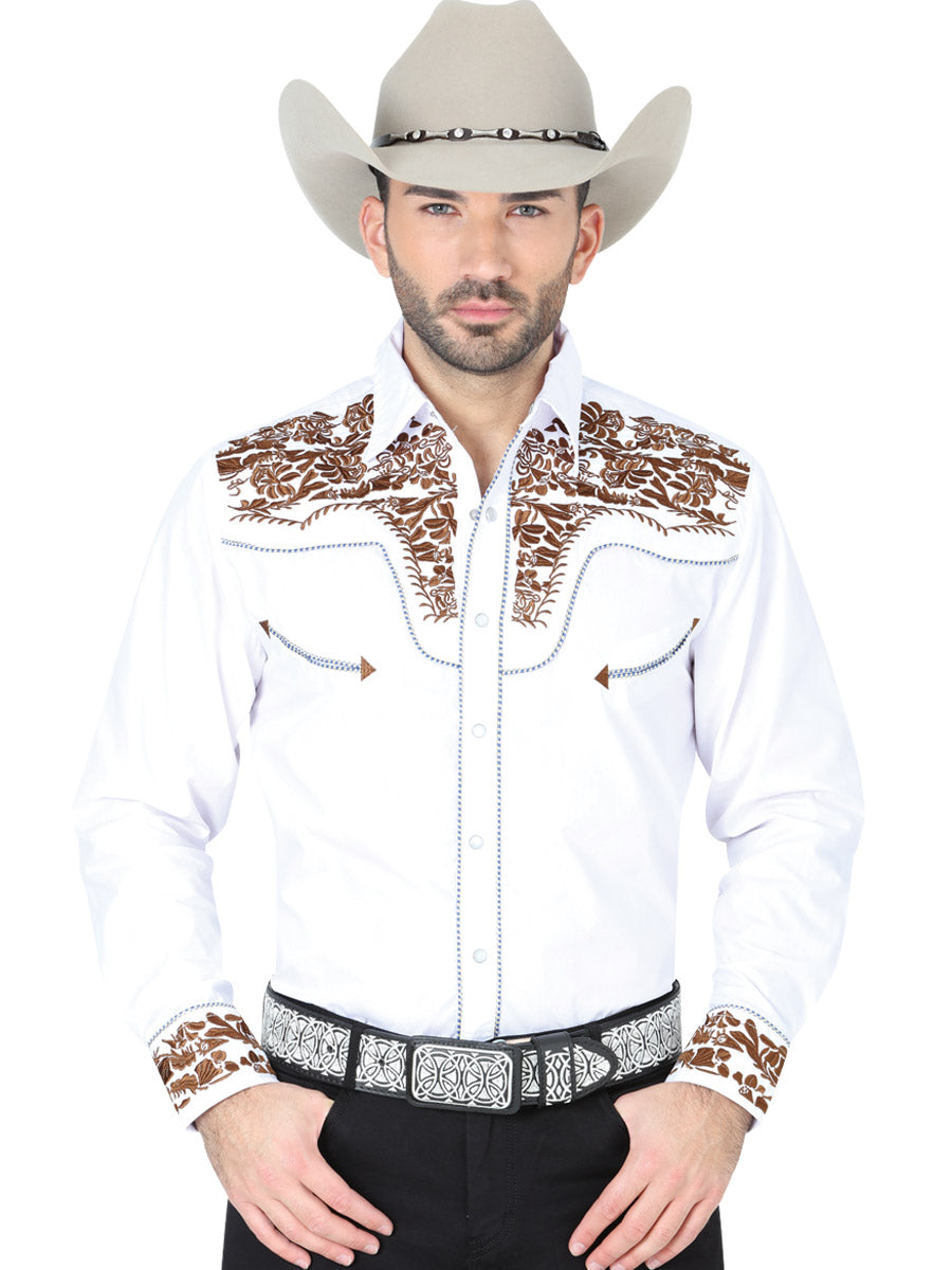 Camisa Vaquera Bordada Manga Larga Blanco para Hombre 'El Señor de los Cielos' - ID: 41933 Camisas Bordadas El Señor de los Cielos White