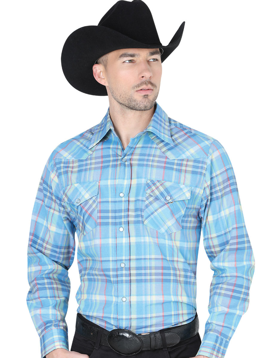 Camisa Vaquera Manga Larga de Bolsillos Estampada Cuadros Azul para Hombre 'El Señor de los Cielos' - ID: 41976 Camisas de Cuadros El Señor de los Cielos Blue