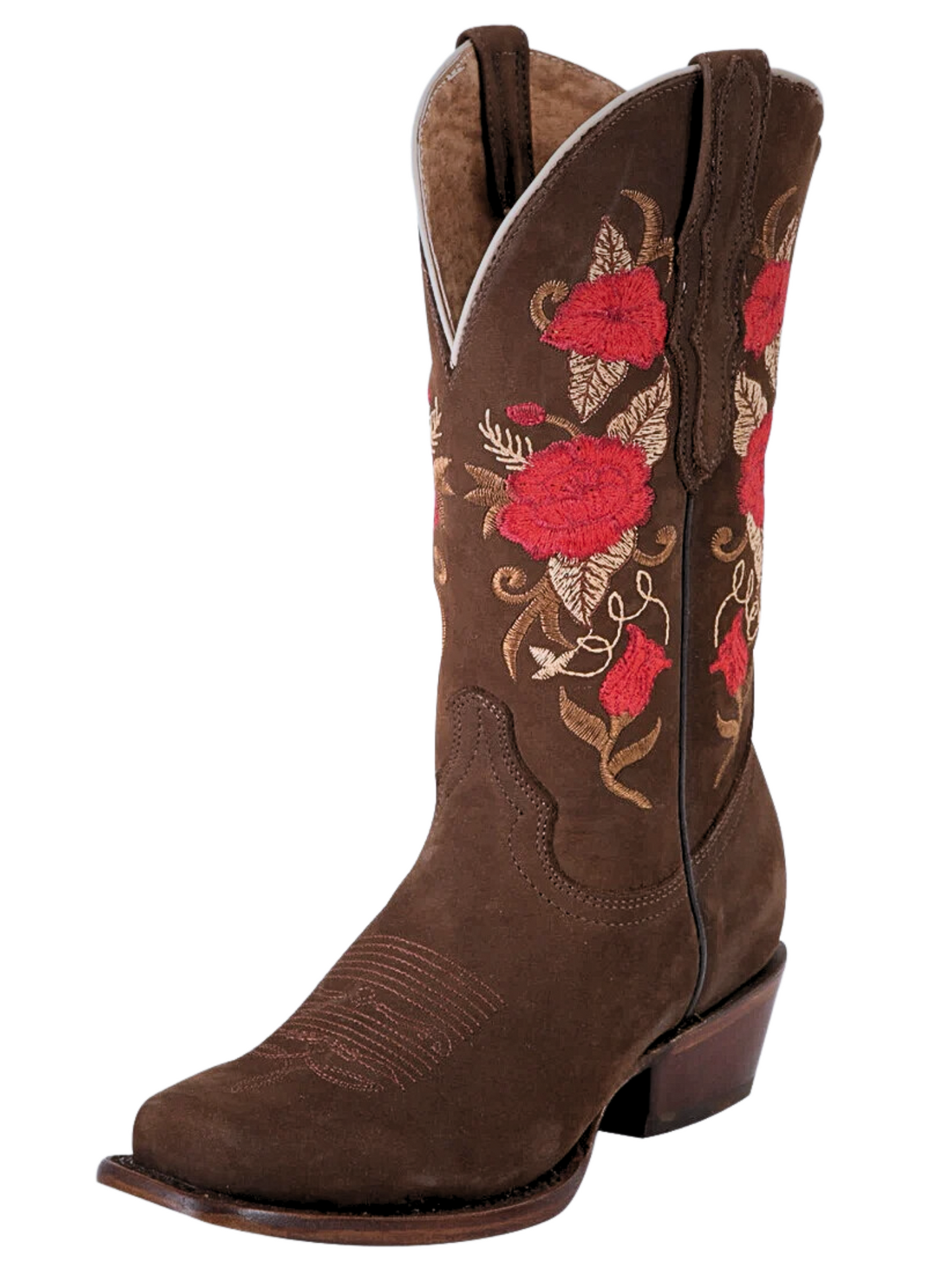 Botas Vaqueras Rodeo con Tubo Bordado de Flores de Piel Nobuck para Mujer 'El General' - ID: 42025 Botas Rodeo Piel Nobuck El General 