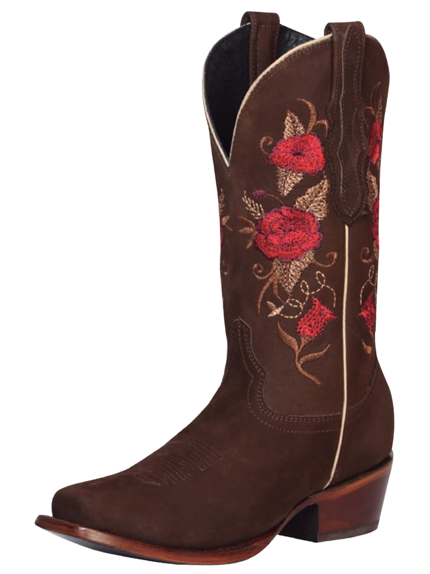 Botas Vaqueras Rodeo con Tubo Bordado de Flores de Piel Nobuck para Mujer 'El General' - ID: 42025 Botas Rodeo Piel Nobuck El General Canela