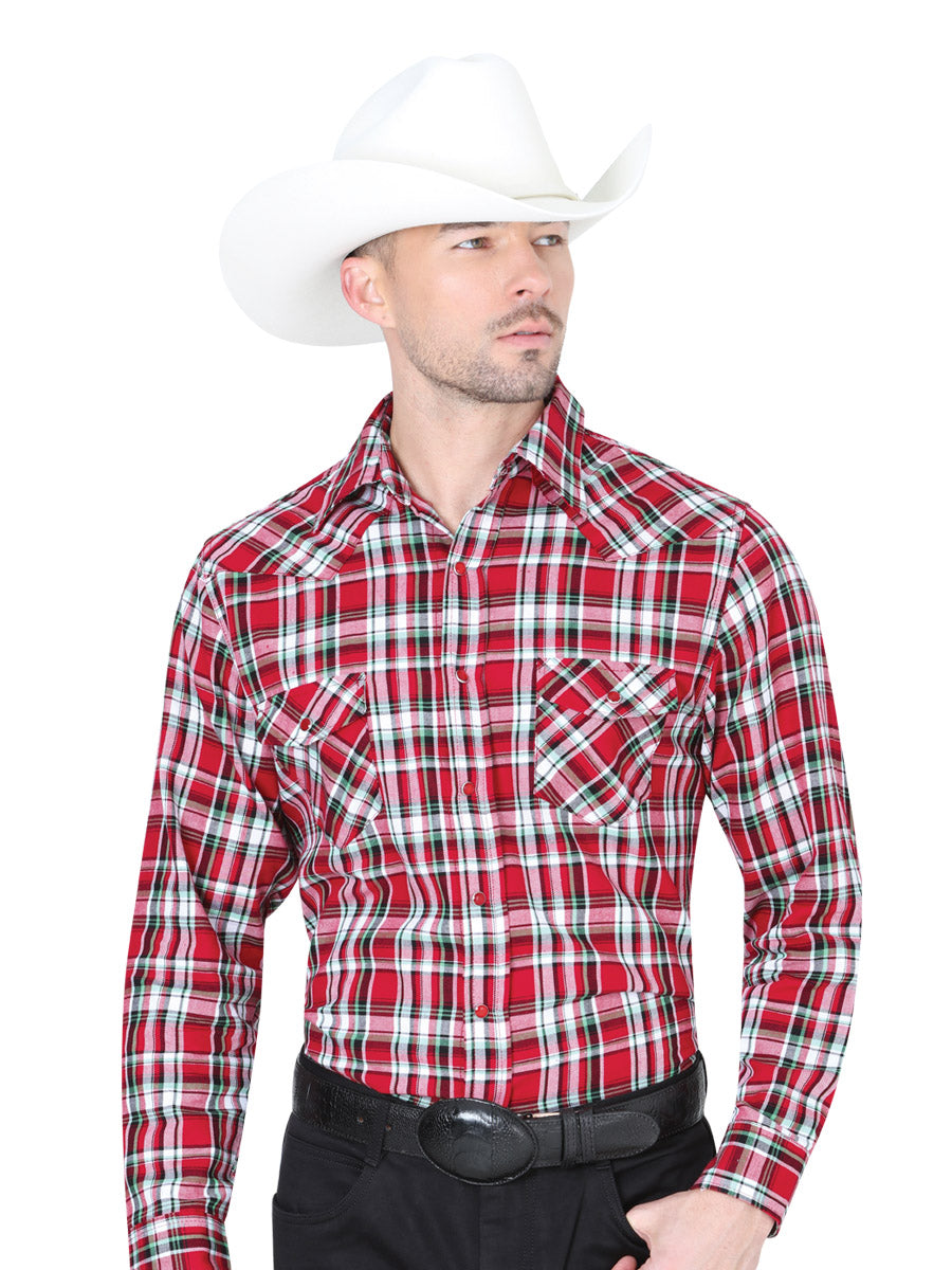 Camisa Vaquera Manga Larga Estampada Cuadros Rojo/Blanco para Hombre 'El Señor de los Cielos' - ID: 42045 Camisas de Cuadros El Señor de los Cielos Red/White