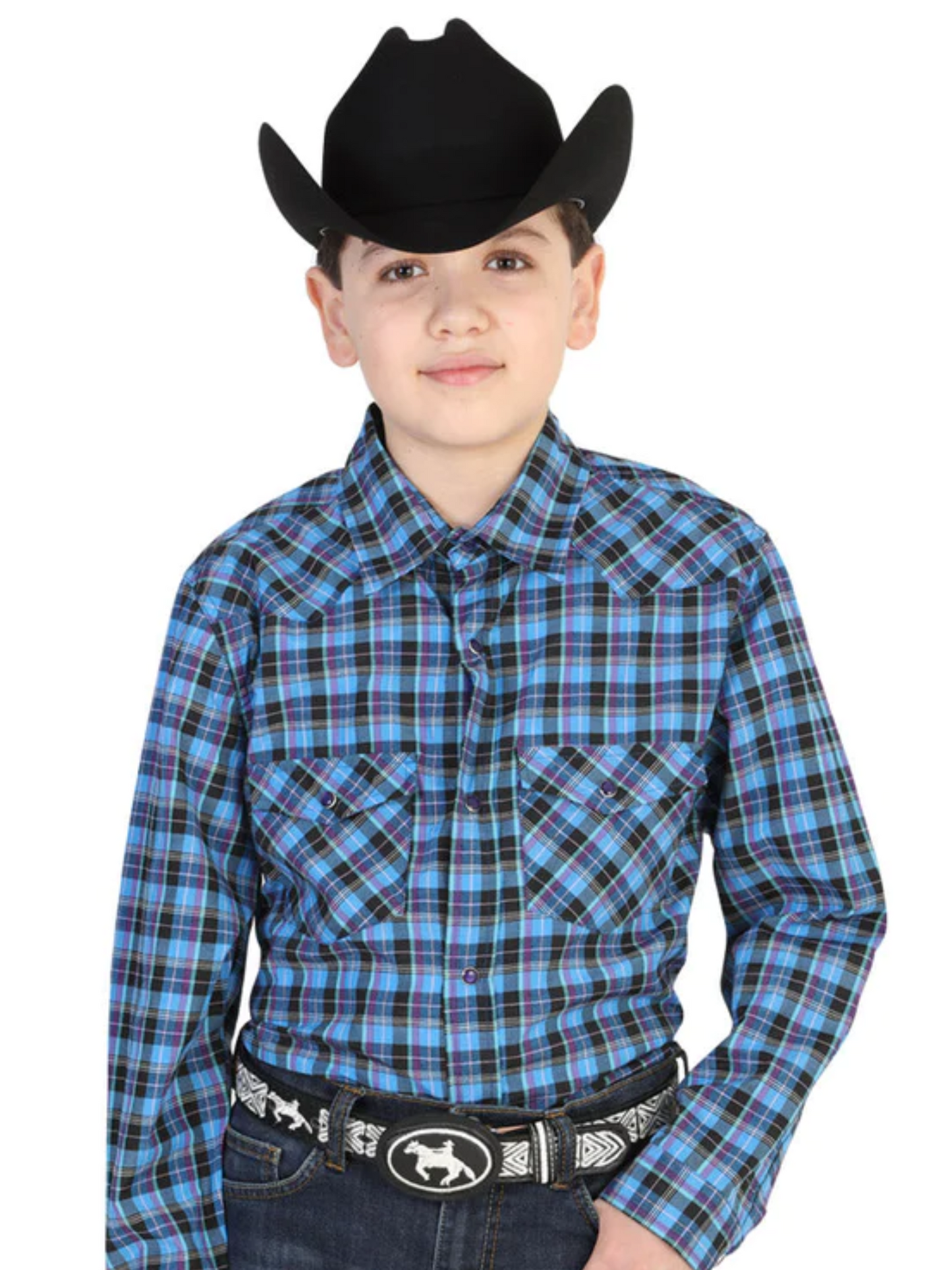 Camisa Vaquera Manga Larga de Bolsillos Estampada Cuadros Azul Rey para Niños 'El General' - ID: 42320 Western Shirt El General Royal Blue