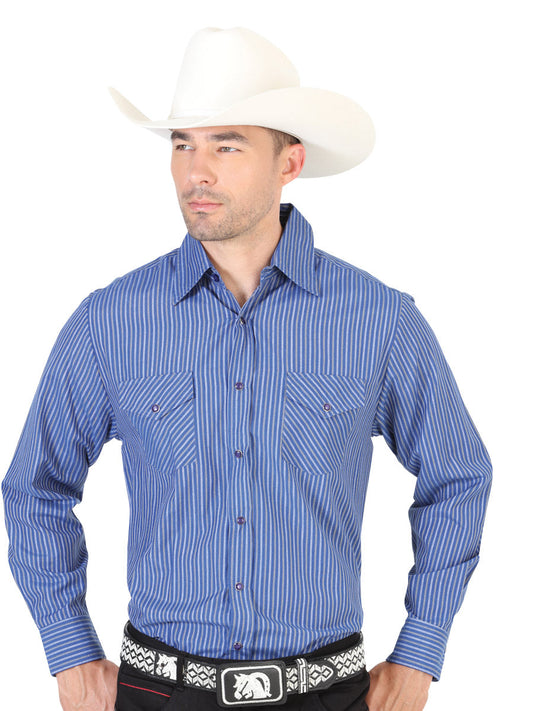 Camisa Vaquera Manga Larga de Bolsillos Estampada Rayas Azul Marino para Hombre 'El Señor de los Cielos' - ID: 42325 Western Shirt El Señor de los Cielos Navy Blue