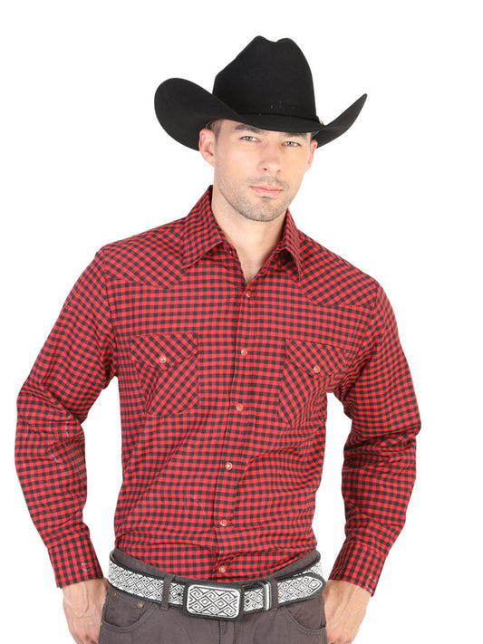 Camisa Vaquera Manga Larga Estampada Rojo para Hombre 'El General' - ID: 42331 Western Shirt El General Red