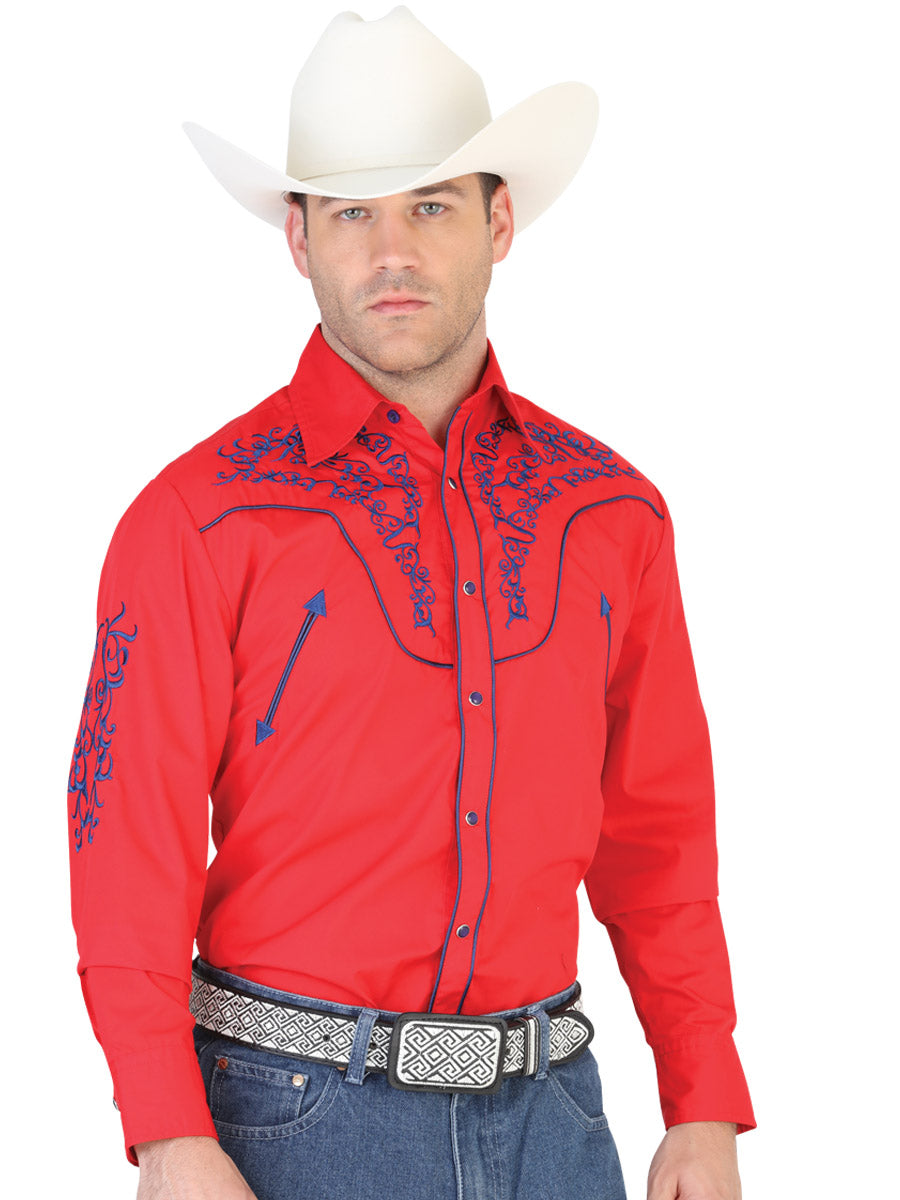 Camisa Vaquera Bordada Manga Larga Rojo para Hombre 'El General' - ID: 42340 Camisas Bordadas El General Red