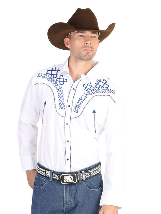 Camisa Vaquera Bordada Manga Larga Blanco para Hombre 'El Señor de los Cielos' - ID: 42473 Camisas Bordadas El Señor de los Cielos White