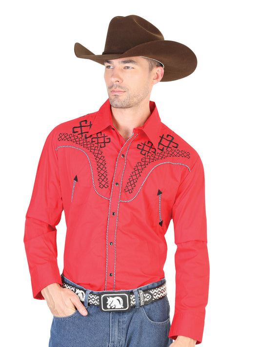 Camisa Vaquera Bordada Manga Larga Rojo para Hombre 'El Señor de los Cielos' - ID: 42476 Camisas Bordadas El Señor de los Cielos Red