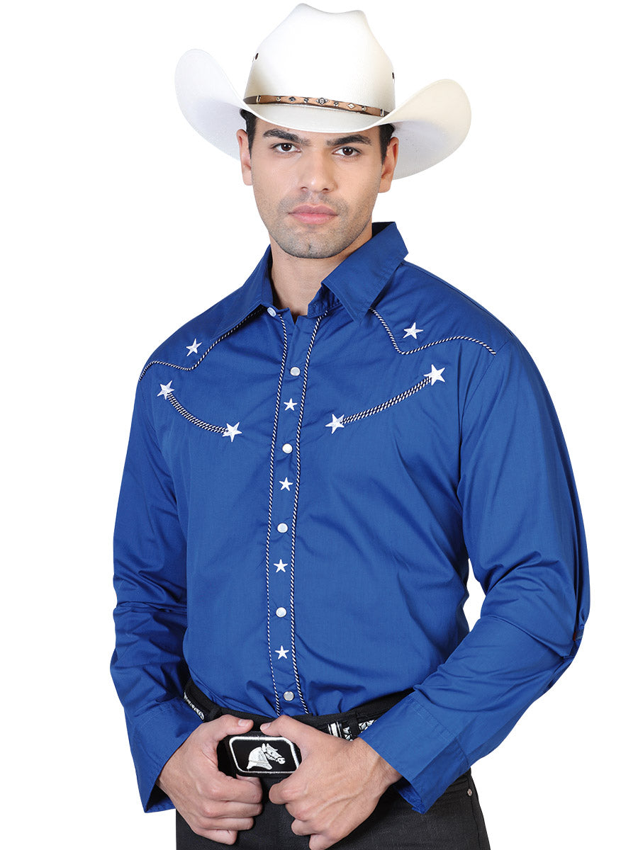 Camisa Vaquera Bordada Manga Larga Azul Rey para Hombre 'El Señor de los Cielos' - ID: 42510 Western Shirt El Señor de los Cielos Royal Blue