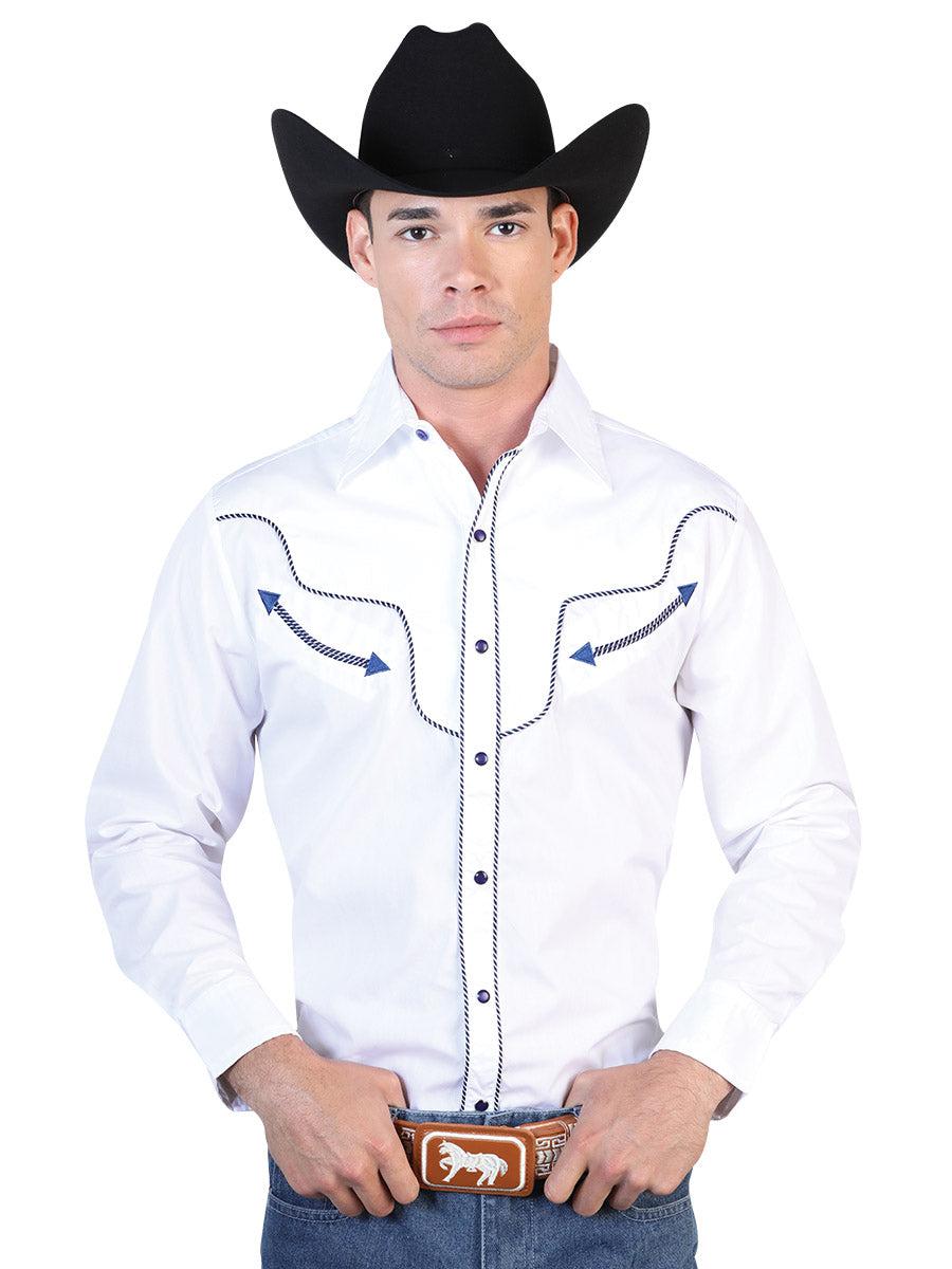 Camisa Vaquera Bordada Manga Larga Blanco para Hombre 'El General' - ID: 42518 Camisas Bordadas El General White