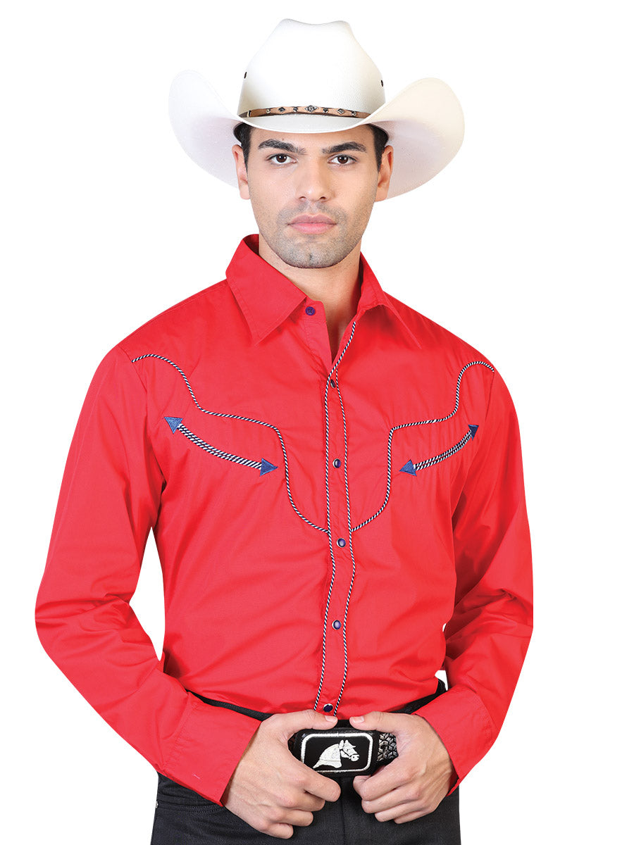 Camisa Vaquera Bordada Manga Larga Rojo para Hombre 'El General' - ID: 42520 Camisas Bordadas El General Red