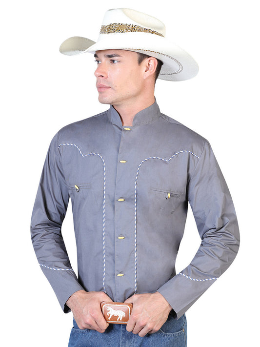 Camisa Vaquera Charra Manga Larga Gris para Hombre 'El Señor de los Cielos' - ID: 42527 Western Shirt El Señor de los Cielos Gray