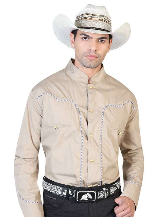 Camisa Vaquera Charra Manga Larga Caqui para Hombre 'El Señor de los Cielos' - ID: 42528 Camisas Charras El Señor de los Cielos Khaki