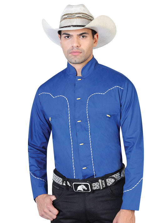 Camisa Vaquera Charra Manga Larga Azul para Hombre 'El Señor de los Cielos' - ID: 42530 Western Shirt El Señor de los Cielos Blue