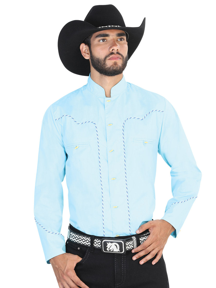 Camisa Vaquera Charra Manga Larga Azul Claro para Hombre 'El Señor de los Cielos' - ID: 42531 Camisas Charras El Señor de los Cielos Ligth Blue