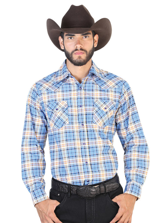 Camisa Vaquera Manga Larga de Bolsillos Estampada Cuadros Azul/Rosa para Hombre 'El Señor de los Cielos' - ID: 42542 Camisas de Cuadros El Señor de los Cielos Blue/Pink