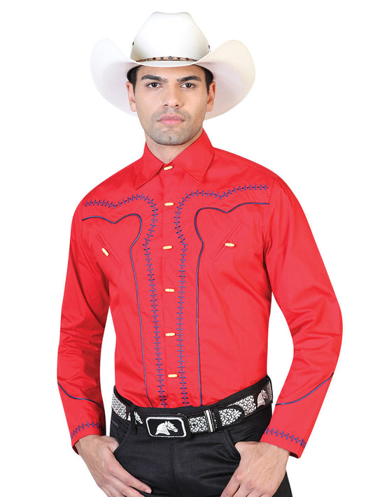 Camisa Vaquera Charra Manga Larga Rojo para Hombre 'El General' - ID: 42548 Camisas Charras El Señor de los Cielos Red