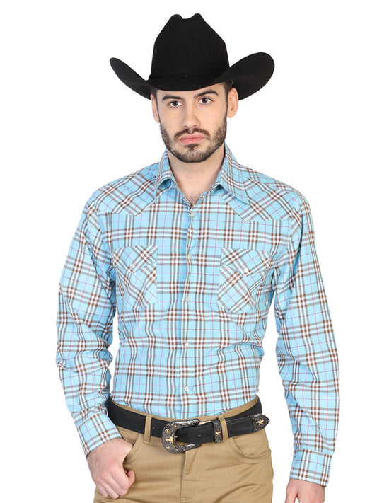 Camisa Vaquera Manga Larga de Bolsillos Estampada Cuadros Azul/Negro para Hombre 'El Señor de los Cielos' - ID: 42565 Camisas de Cuadros El Señor de los Cielos Blue/Black