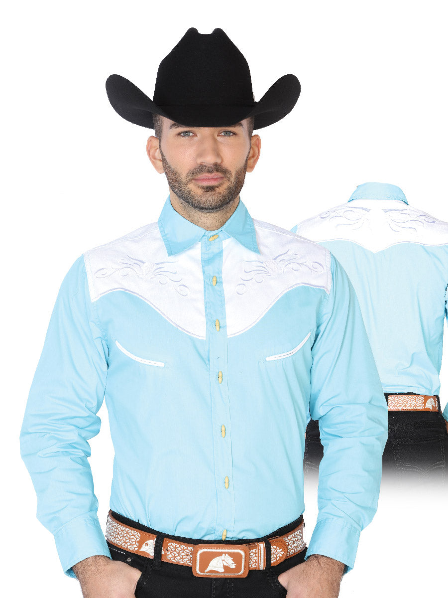 Camisa Vaquera Charra Bordada Manga Larga Azul Claro para Hombre 'El Señor de los Cielos' - ID: 42569 Camisas Charras El Señor de los Cielos Ligth Blue