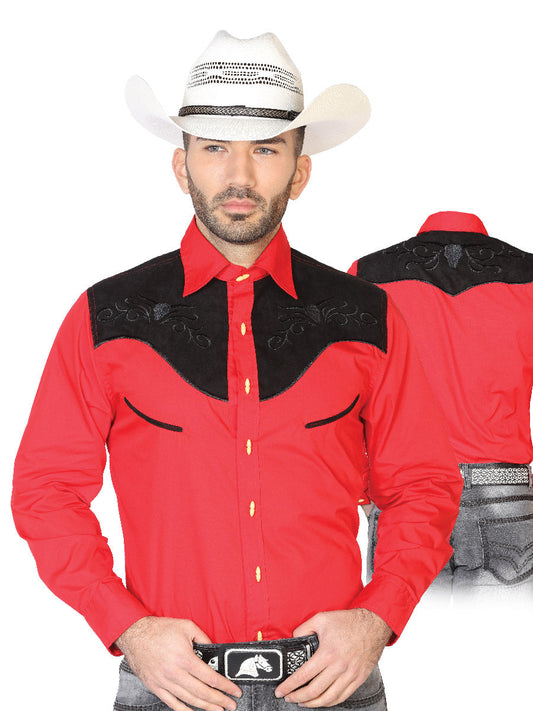Camisa Vaquera Charra Bordada Manga Larga Rojo para Hombre 'El Señor de los Cielos' - ID: 42570 Western Shirt El Señor de los Cielos Red