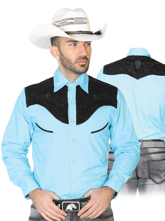 Camisa Vaquera Charra Bordada Manga Larga Azul Claro para Hombre 'El Señor de los Cielos' - ID: 42573 Camisas Charras El Señor de los Cielos Ligth Blue