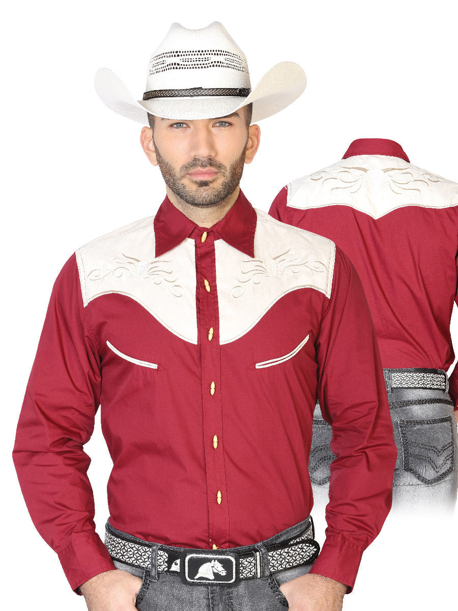 Camisa Vaquera Charra Bordada Manga Larga Burgandy para Hombre 'El Señor de los Cielos' - ID: 42574 Camisas Charras El Señor de los Cielos Burgandy