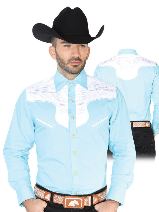 Camisa Vaquera Charra Bordada Manga Larga Azul Claro para Hombre 'El Señor de los Cielos' - ID: 42575 Camisas Charras El Señor de los Cielos Ligth Blue