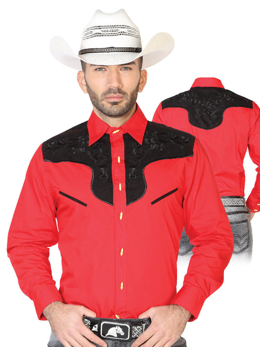 Camisa Vaquera Charra Bordada Manga Larga Rojo para Hombre 'El Señor de los Cielos' - ID: 42576 Camisas Charras El Señor de los Cielos Red