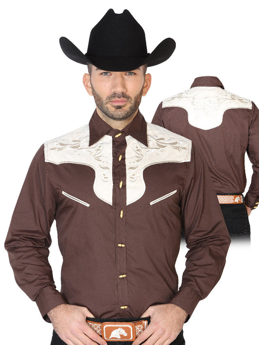 Camisa Vaquera Charra Bordada Manga Larga Cafe para Hombre 'El Señor de los Cielos' - ID: 42577 Camisas Charras El Señor de los Cielos Brown