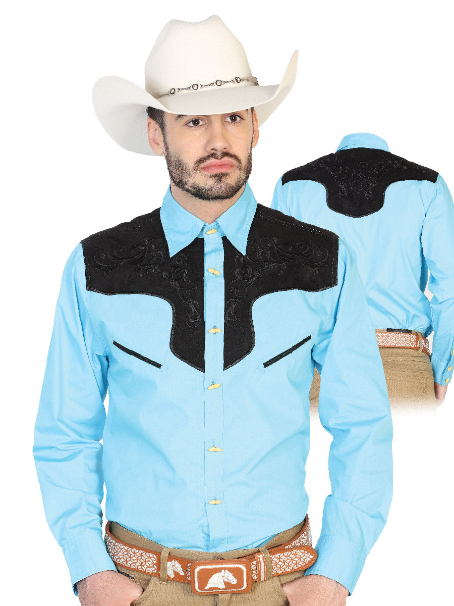 Camisa Vaquera Charra Bordada Manga Larga Azul Claro para Hombre 'El Señor de los Cielos' - ID: 42579 Western Shirt El Señor de los Cielos Ligth Blue