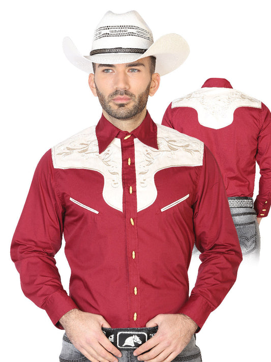 Camisa Vaquera Charra Bordada Manga Larga Burgandy para Hombre 'El Señor de los Cielos' - ID: 42580 Camisas Charras El Señor de los Cielos Burgandy