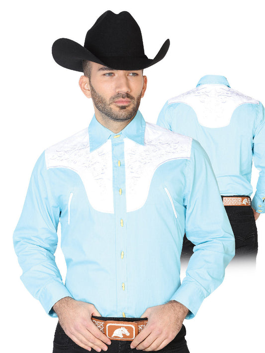 Camisa Vaquera Charra Bordada Manga Larga Azul Claro para Hombre 'El Señor de los Cielos' - ID: 42581 Western Shirt El Señor de los Cielos Ligth Blue