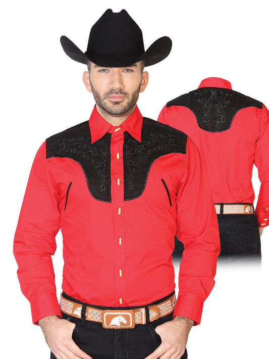 Camisa Vaquera Charra Bordada Manga Larga Rojo para Hombre 'El Señor de los Cielos' - ID: 42582 Camisas Charras El Señor de los Cielos Red