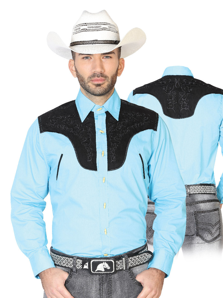 Camisa Vaquera Charra Bordada Manga Larga Azul Claro para Hombre 'El Señor de los Cielos' - ID: 42585 Camisas Charras El Señor de los Cielos Ligth Blue