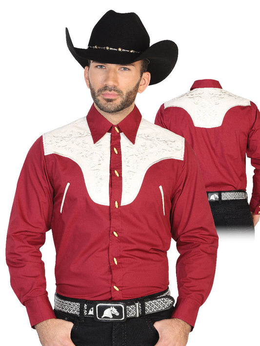 Camisa Vaquera Charra Bordada Manga Larga Burgandy para Hombre 'El Señor de los Cielos' - ID: 42586 Camisas Charras El Señor de los Cielos Burgandy