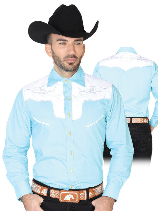 Camisa Vaquera Charra Bordada Manga Larga Azul Claro para Hombre 'El Señor de los Cielos' - ID: 42587 Western Shirt El Señor de los Cielos Ligth Blue