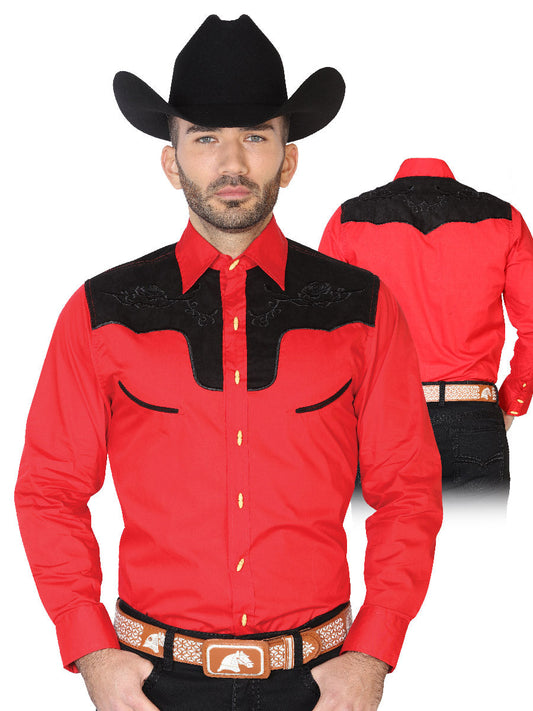 Camisa Vaquera Charra Bordada Manga Larga Rojo para Hombre 'El Señor de los Cielos' - ID: 42588 Camisas Charras El Señor de los Cielos Red