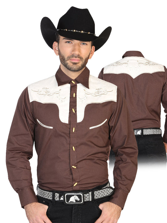 Camisa Vaquera Charra Bordada Manga Larga Cafe para Hombre 'El Señor de los Cielos' - ID: 42589 Camisas Charras El Señor de los Cielos Brown