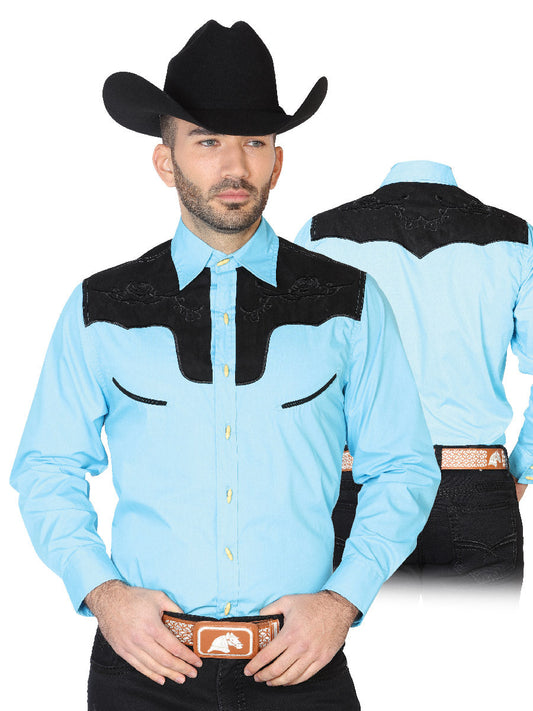 Camisa Vaquera Charra Bordada Manga Larga Azul Claro para Hombre 'El Señor de los Cielos' - ID: 42591 Camisas Charras El Señor de los Cielos Ligth Blue