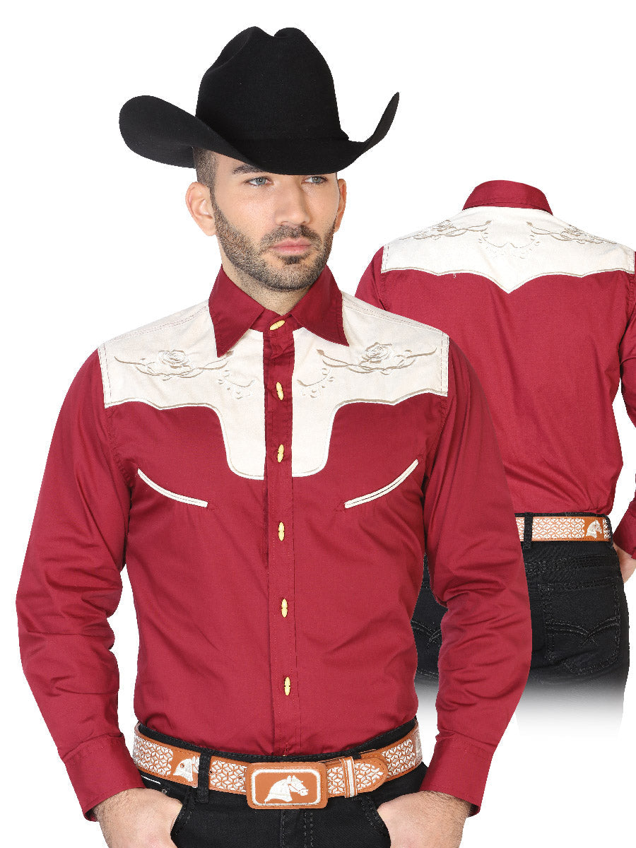 Camisa Vaquera Charra Bordada Manga Larga Burgandy para Hombre 'El Señor de los Cielos' - ID: 42592 Camisas Charras El Señor de los Cielos Burgandy