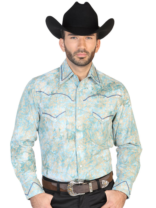 Camisa Vaquera Manga Larga de Bolsillos Estampada Cachemir Verde para Hombre 'El Señor de los Cielos' - ID: 42600 Western Shirt El Señor de los Cielos Green