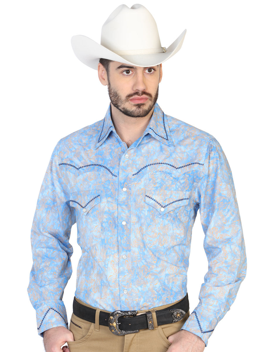 Camisa Vaquera Manga Larga de Bolsillos Estampada Cachemir Azul para Hombre 'El Señor de los Cielos' - ID: 42601 Western Shirt El Señor de los Cielos Blue
