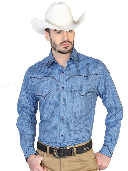 Camisa Vaquera Manga Larga de Bolsillos Azul Marino para Hombre 'El Señor de los Cielos' - ID: 42607 Western Shirt El Señor de los Cielos Navy Blue